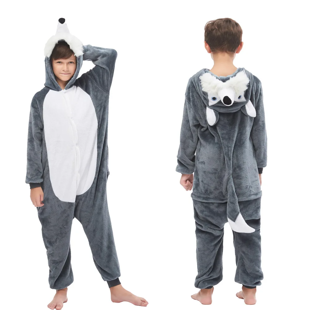 Хаски животных для детей от двух до восьми Пижама фланель Onesie One Piece с капюшоном