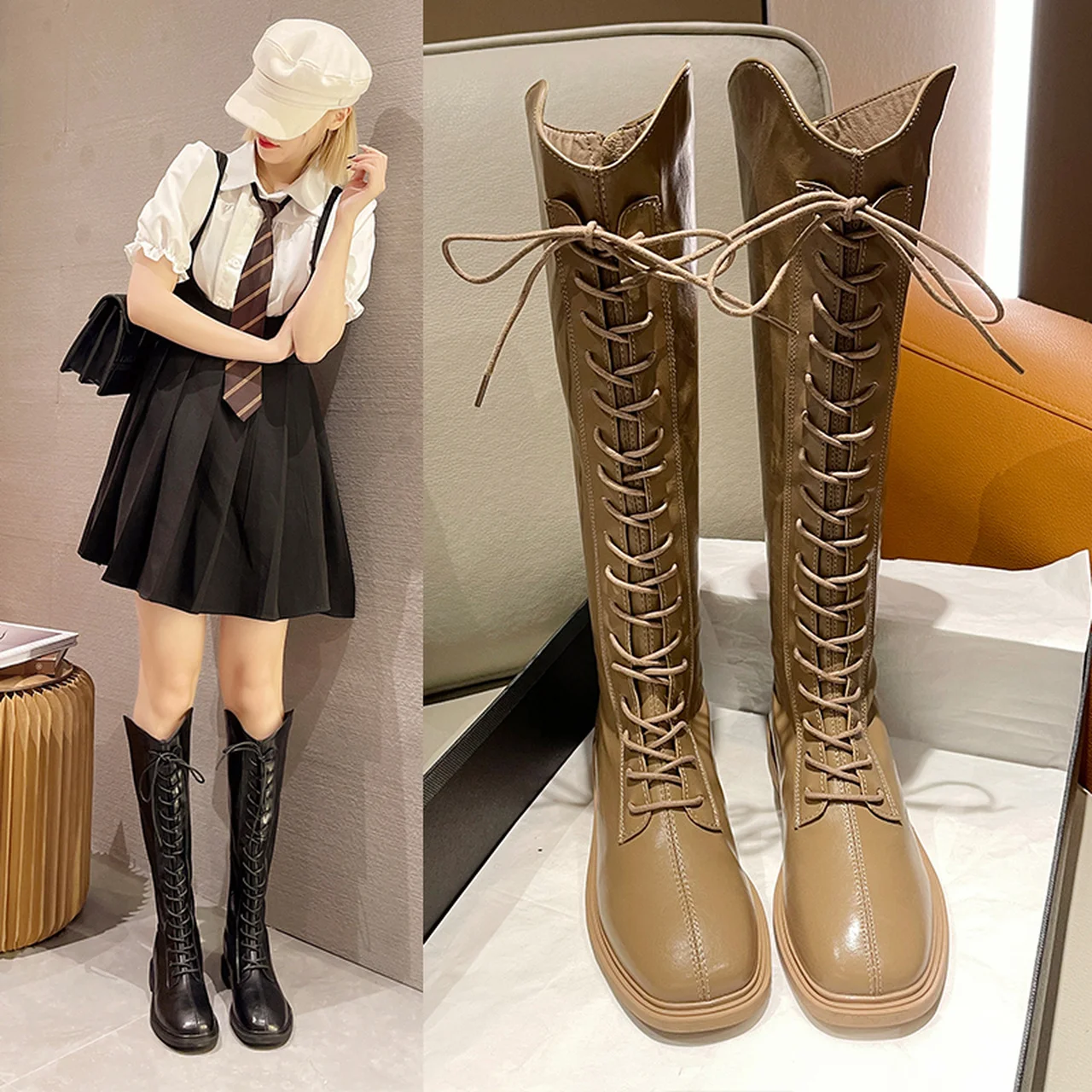 

Ботинки с круглым носком, привлекательные ботинки на высоком каблуке, сезон осень-зима 2021, черные женские меховые длинные ботинки на толсто...