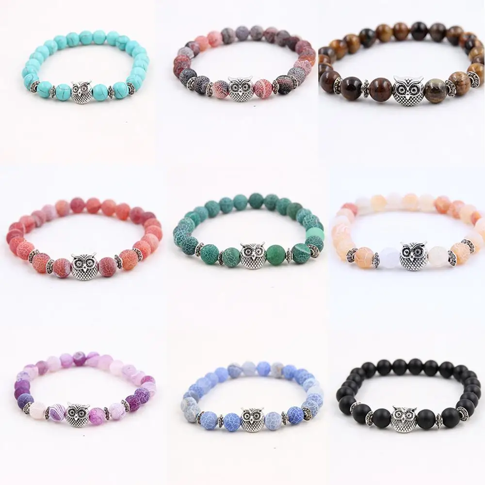Мужская Пара натуральный камень бисера агат чакра браслет аксессуары с совами