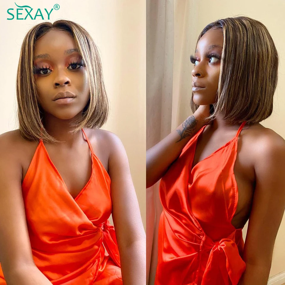 

Sexay Blonde Highlight Lace Front Wig Fast Shipping Wigs 4x4 Transparent Lace Closure Wig Straight T Part Bob Human Hair Wigs