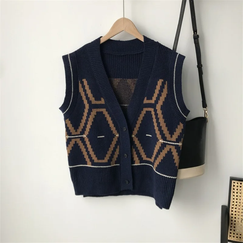 

2021 Retro geometry V-Neck Knit Vests Women Fashion Spring New Sleeveless Cardigan Loose Sweaters Vest Wild Casual Vest Knitwear