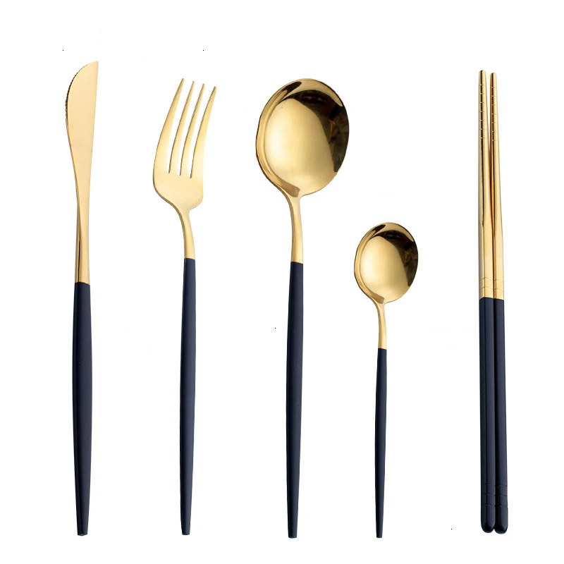 5Pcs Tableware Set Cutlery Stainless Steel Dinner Dessert Chopsticks Knife Fork Spoon Dinnerware Flatware ложки вилки набор | Дом