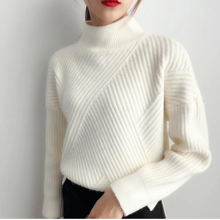 H.SA Women Winter Sweater Turtleneck Pullovers Vertical Solid Knit Pull Jumpers Beige Warm Thick Femme 2021 | Женская одежда