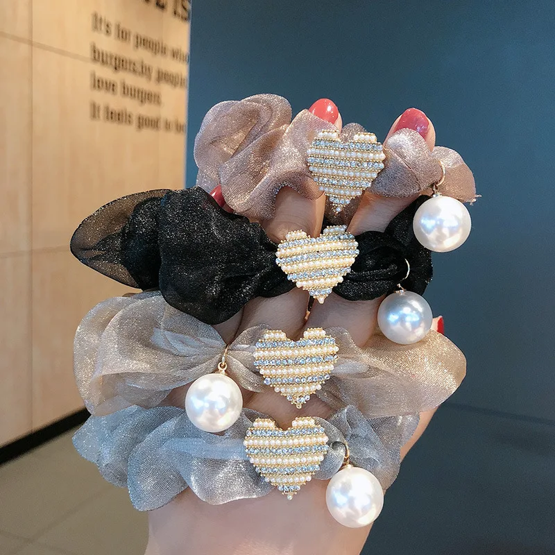 

French Elegant Pearl Rhinestone Organza Hair Tie Female Korean Heart Scrunchies Elastic Hair Bands Hair Accessories for Girls