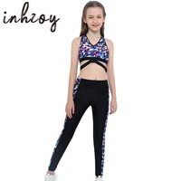 kids teens sports suits tracksuit geometric print crop top leggings yoga pants 2 pieces sets girls ballet gymnastics dance wear