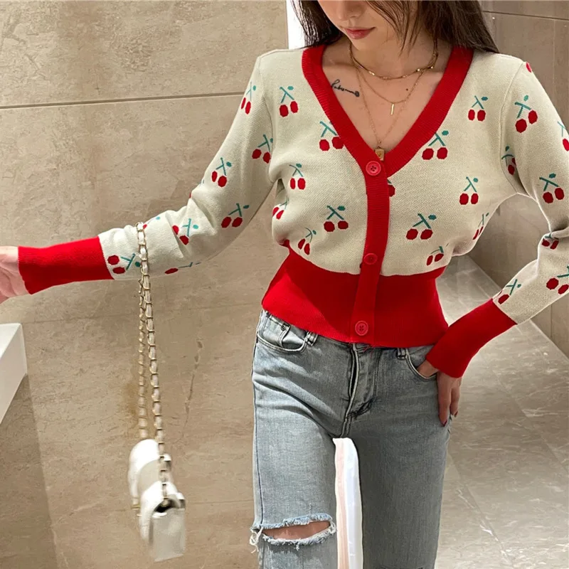 

Sweater Women's Cropped Cardigan V Neck Single Breasted Cherry Print Knitted Cardigan Casual Fashion Spring Autumn Top 2021