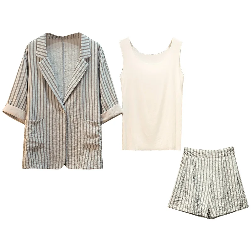 Летний полосатый комплект из трех предметов женский жилет размера плюс + куртка