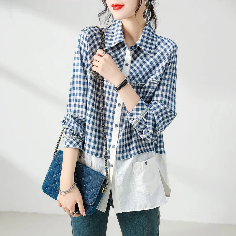 

Women Spring Autumn Style Plaid Shirt Lady Patchwork Simple Long Sleeve Shirts Turn-down Collar Blouses Blusas Tops J26