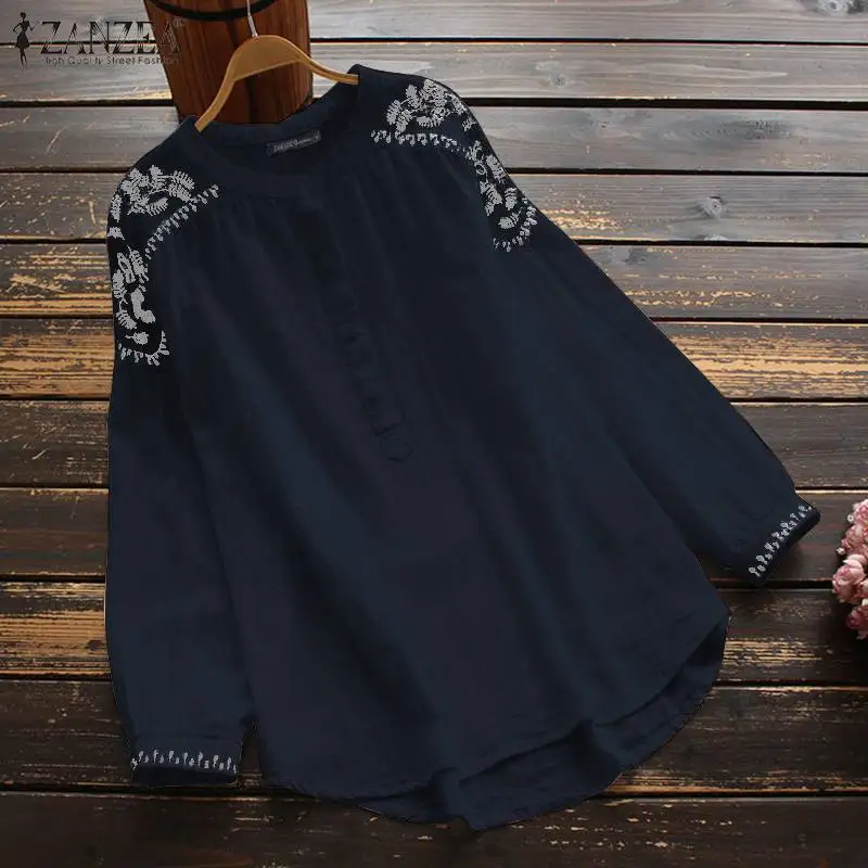 

2021 ZANZEA Women Long Sleeve Blouse Autumn Vintage Embroidery Cotton Linen Tops Tunic Female Solid Shirt Casual Blusas Chemise