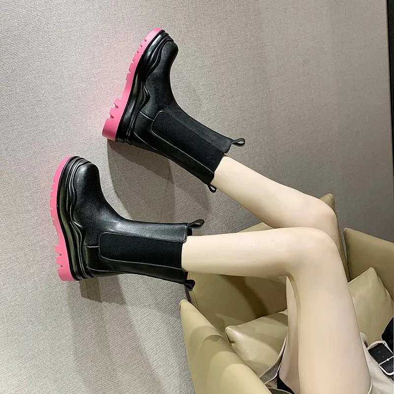 

Autumn Winter Platform Boots Slip on Women Shoes Woman Mid Calf Boots Round Toe Solid Leather New Women Boots Female Plus Size