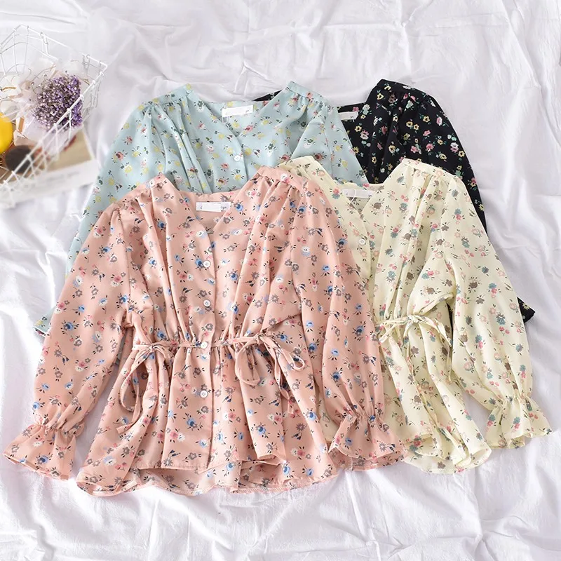 

Spring Summer Floral Chiffon Women Blouse Long Sleeve Single Breasted V Neck Causal Blusas Korean Shirts Blouses W1
