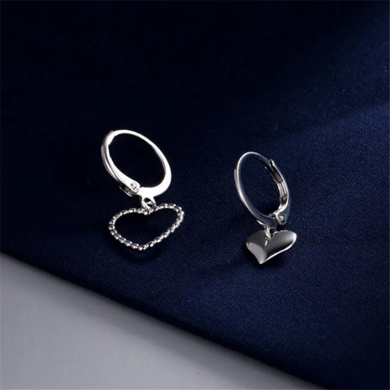 

925 Sterling Silver Asymmetry Heart Charm Studs Earrings for Women Party Jewelry Accessories