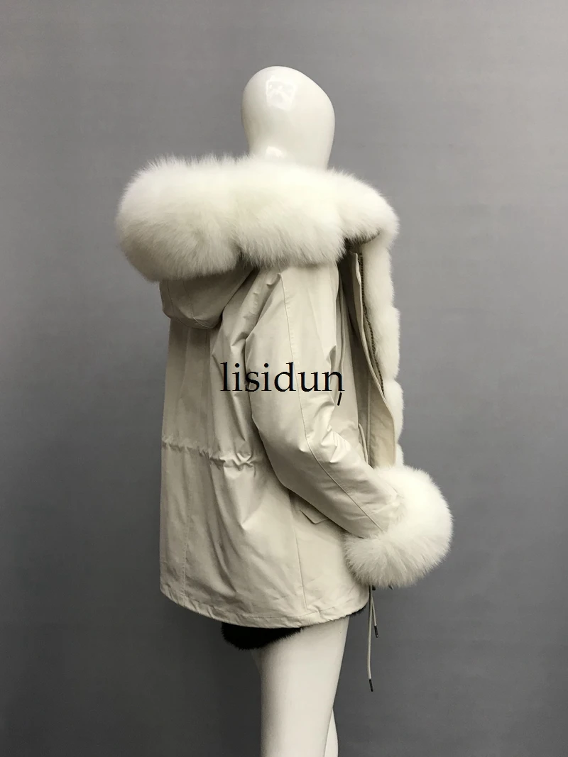LISIDUN настоящая меховая Парка женская зимняя куртка натуральный Серебряный лисий мех пальто с капюшоном настоящая подкладка из кроличьего меха куртка женская шуба