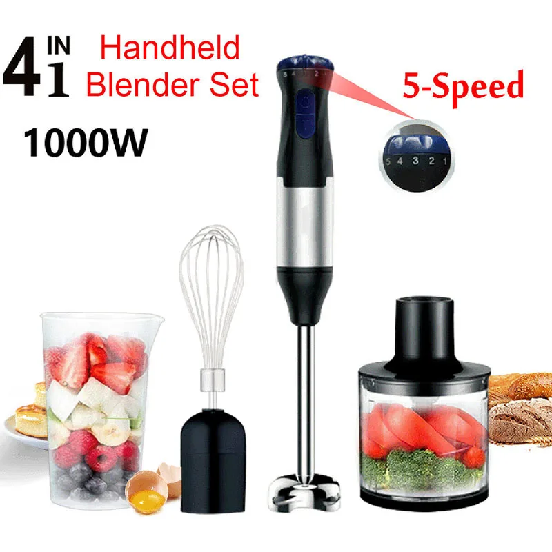 

1000W 4 in1 5Speed Stainless Steel Immersion Hand Blender Food Mixer Vegetable Chopper Meat Grinder Egg Whisk Kitchen Applicance
