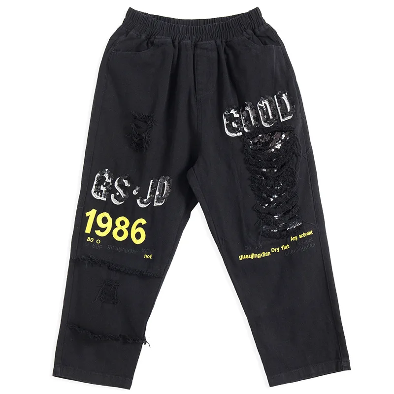 

Womens Holes Ripped Denim Trousers Female Oversized Pants Streetwear European Style 2021 Pantalons Ladies Sequins Vintage Jeans