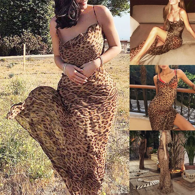 

Summer Women Leopard Print Long Dress Chiffon See Through Sexy Backless Party Dresses Elegant V Neck Beach Dress