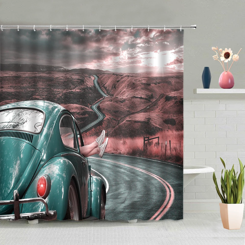 car shower curtain motorcycle mountain highway scenery bathroom accessories set wall hanging curtains bathtub screen home decor free global shipping