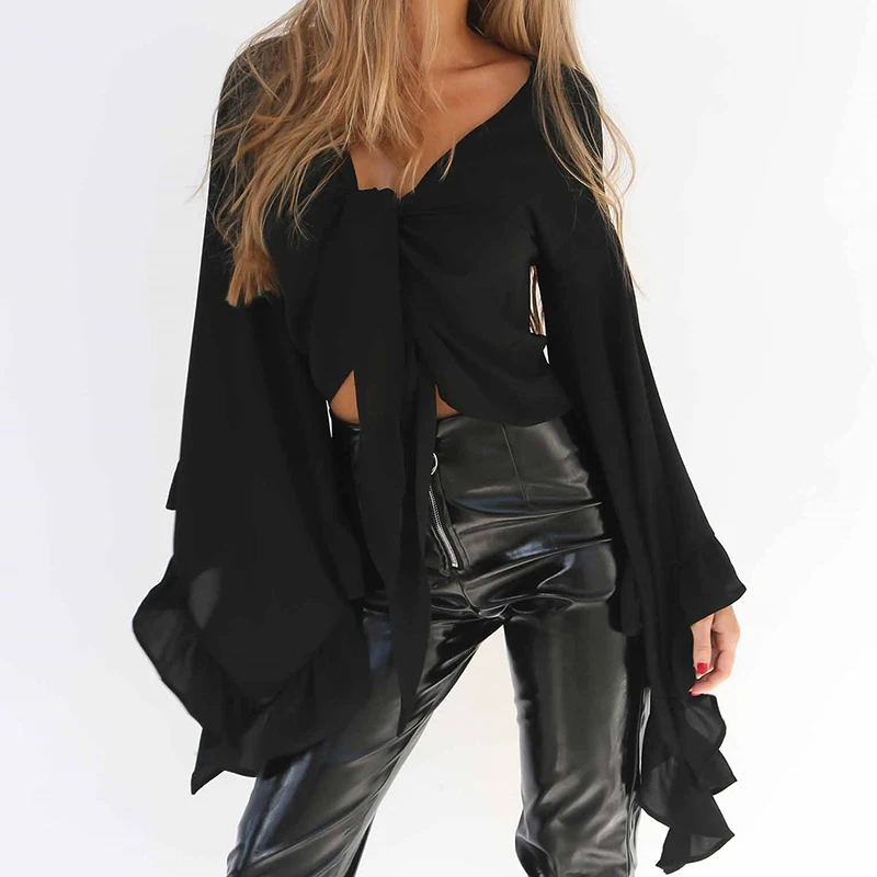 Женская блузка топы летние повседневные свободные рукав-лепесток Твердые