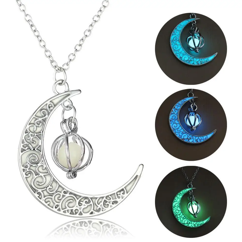 Moon Glowing Necklace Gem Charm Jewelry Hollow Luminous Stone Pendant Necklace Silver Plated for Women Couple Pendant Party Gift