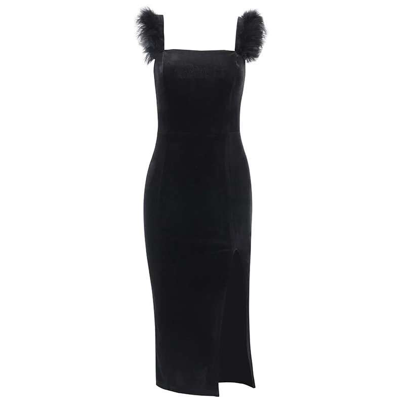 

Elegant Ostrich Feather Velvet Ladies Dress Sleeveless Split Hem Slim Party Backless Sexy 2021 Summer Chic Club Feather Dresses