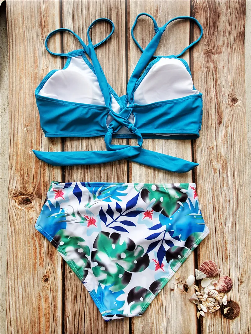 

Blue and Leaf Floral High Waist Two Pieces Bikini Set Women Hollow Out Wimsuit Girl Swimsuit Female Swimwear Beachwear 2021 New