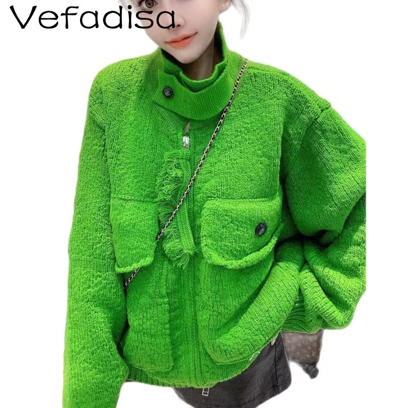 

Vefadisa 2021 Autumn New Women Clothing Loose Stand-up Collar Cardigan Knitted Sweater Green Thick Knitted Sweater TT323