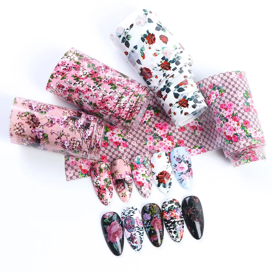 

10 Designs Holographic Flower Nail Foil Set Transfer Nails Stickers Art Floral Prints Mix Decal Slider DIY Manicure Decoration
