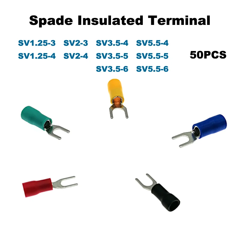 

50Pcs Spade Insulated Crimp Terminals Furcate Electrical Wire Cable Connector SV1.25-3 To 5.5-6 Lug Ferrules 22-10AWG 0.5-6mm2