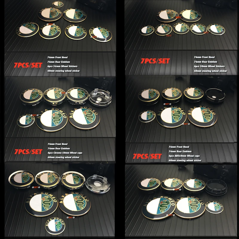 

Gold Fit For Mito 147 156 159 166 Spider 7pc/lot 74mm/40mm/50mm/56mm/60mm/64mm Front/rear Badge Covers Wheel Center Cap covers