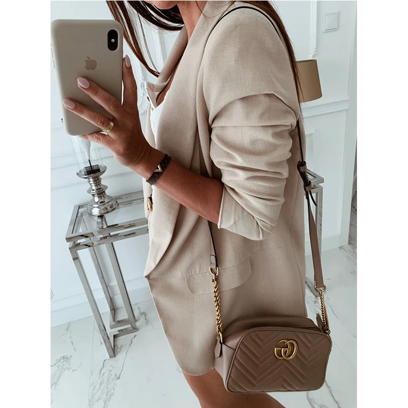 Женский офисный пиджак с карманами PEONFLY повседневный свободный однотонный в