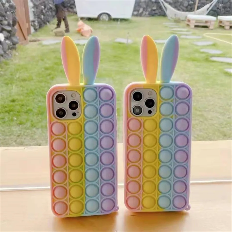 

10Pcs/Lot Lovely rabbit ears Push It Relieve Stress Fidget Toy Bubble Phone Case For iPhone Silicone Back Cover