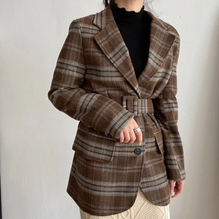 

Colorfaith New 2020 Autumn Winter Women's Blazers Jackets Lace Up Checkered Vintage Woolen Korean Oversized Lady Tops JK00959