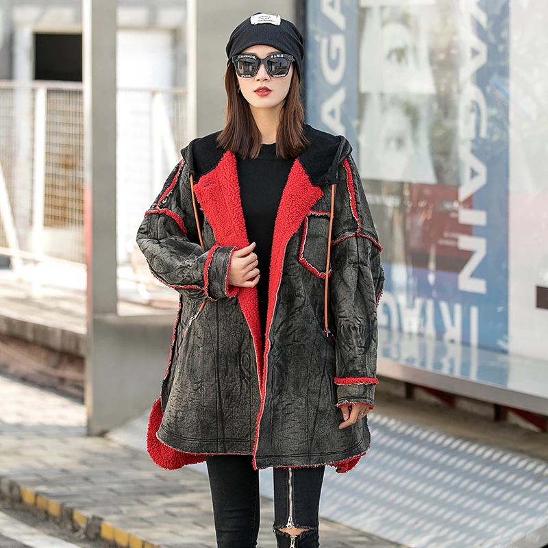 

Модное плотное пальто в стиле ретро контрастных цветов с капюшоном из овечьей шерсти средней длины женский зимний Кардиган из потертого де...