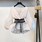 Женская укороченная блузка, элегантная рубашка с V-образным вырезом и рукавами-фонариками, шикарный топ с поясом на талии, топы на пуговицах сзади, модная уличная одежда, 34