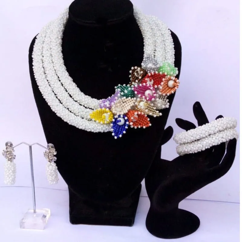 DODU белые африканские нигерийские традиционные свадебные бусины 3 слоя с красочными цветами из бисера 3 шт. браслет серьги ожерелье