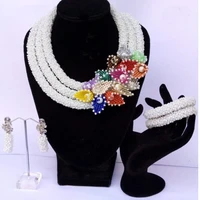 dodu white african nigerian traditional wedding beads 3 layers with colorful beaded flowers 3 pieces bracelet earrings necklace