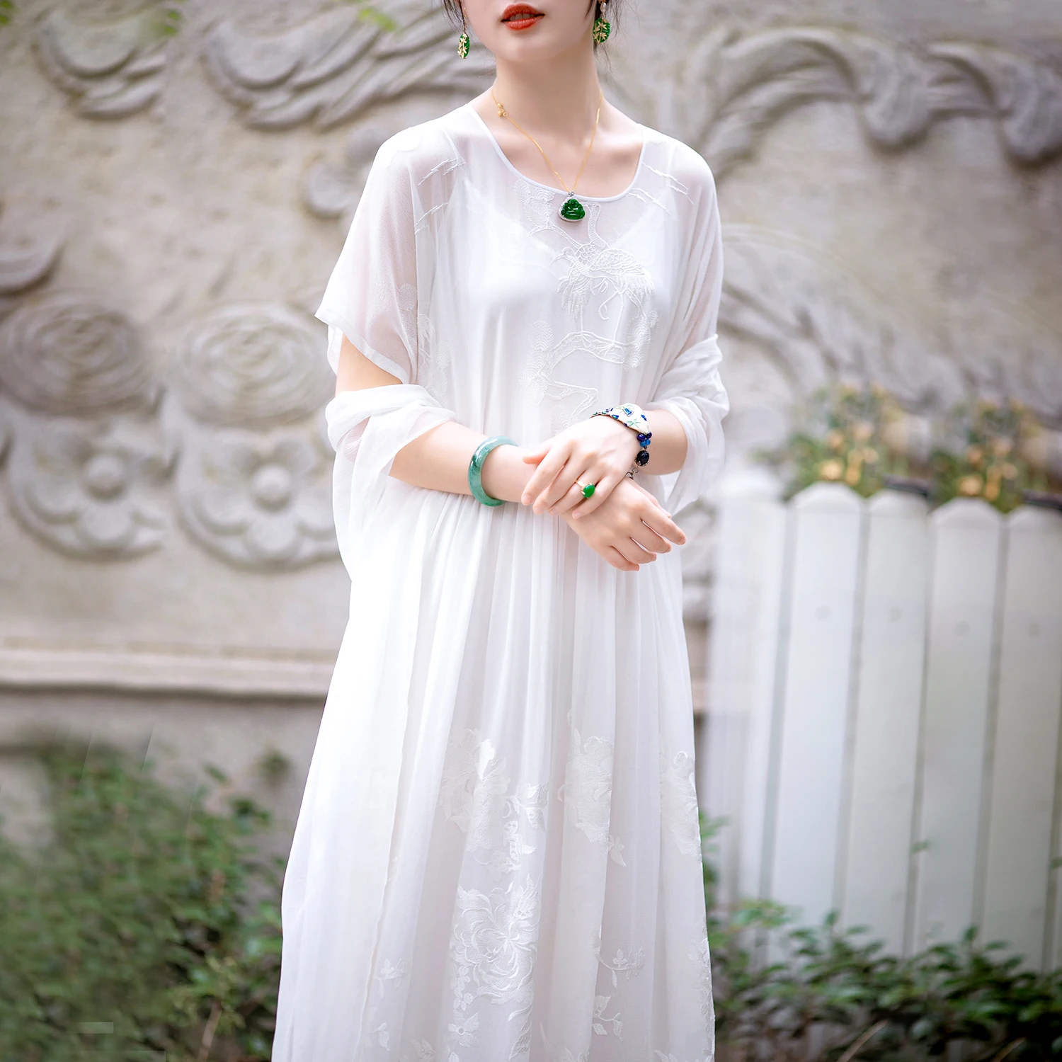 

LYNETTE'S CHINOISERIE Summer Original Design Women Embroidery See-through White Silk Dresses