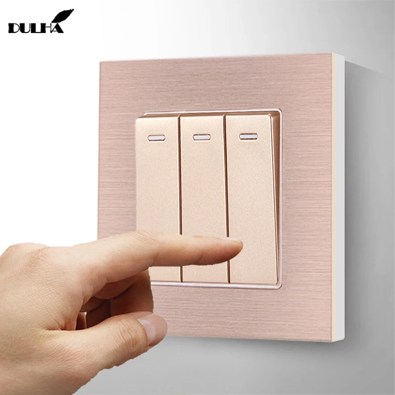 

Luxurious 3 Gang 1 Way Wall Light Switch Champagne Gold Brushed Aluminum Satin Metal Panel Electric Push Button Rocker Switches