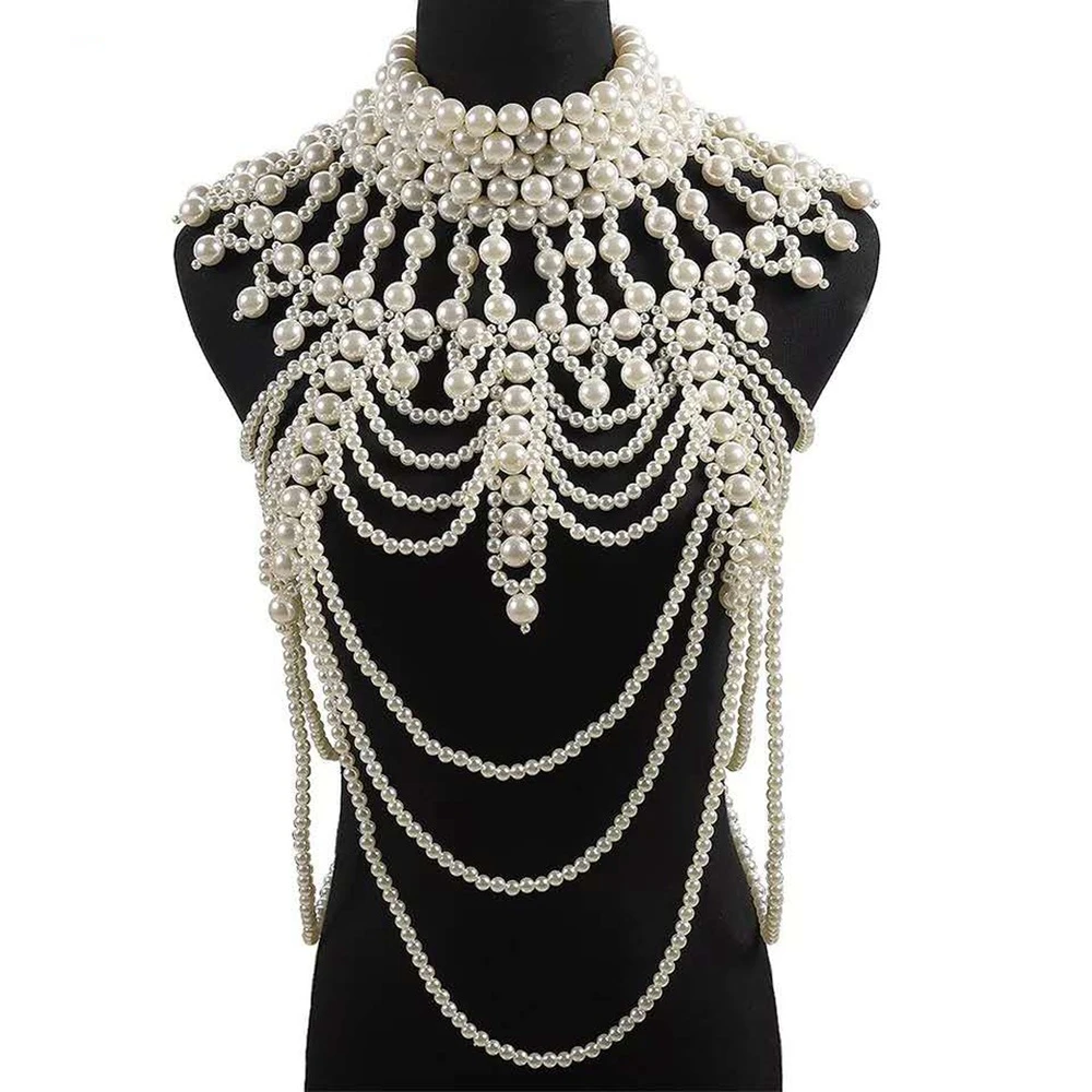 

JaneVini Retro Imitation Pearl Bridal Shoulder Necklaces Women Pageant Collar Long Chain Necklaces Sexy Body Jewelry Accessories