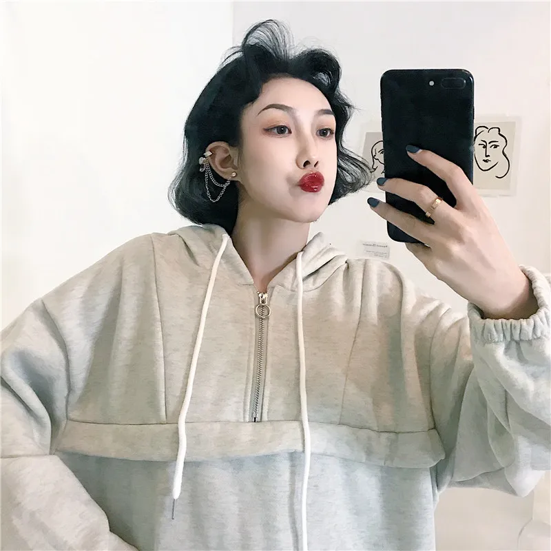 

Hoodies Women 2XL Simple Zipper Drawstring Loose Pockets Hooded Harajuku Womens Pullovers Korean Style BF All-match HOT Fashion