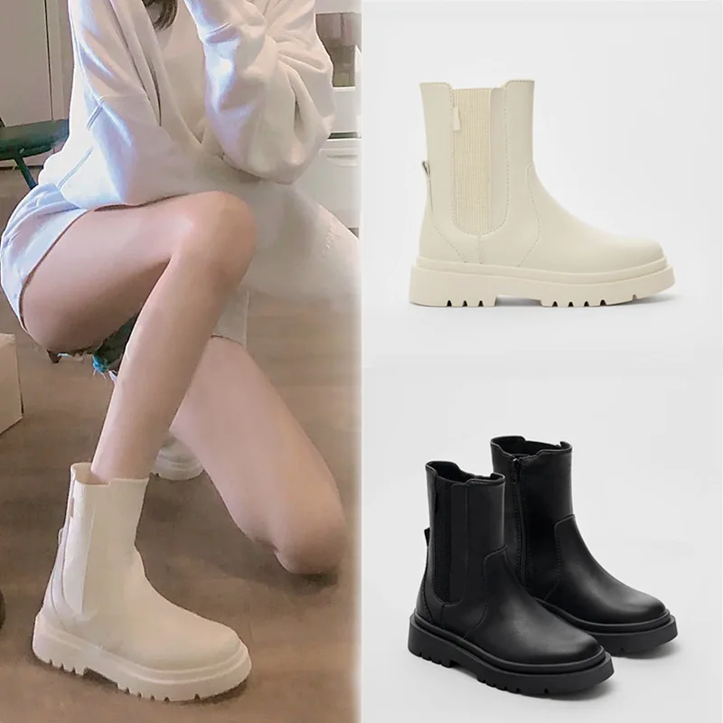 

ZA women's Martin boots 2021 new fall/winter stretch groove bottom flat bottom chimney side zipper knight short boots women