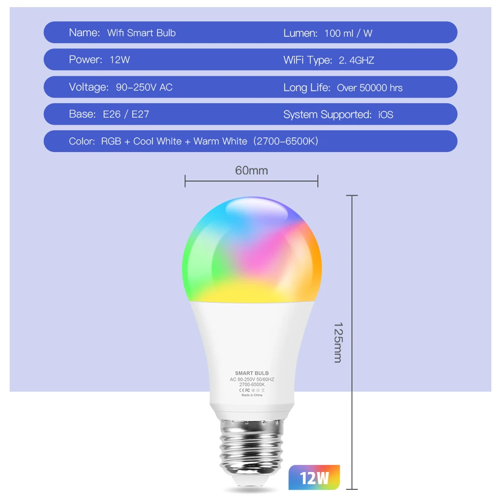 Умная лампочка E27 LED RGB с Wi Fi 12 Вт управление через приложение Alexa/Google Home + белый