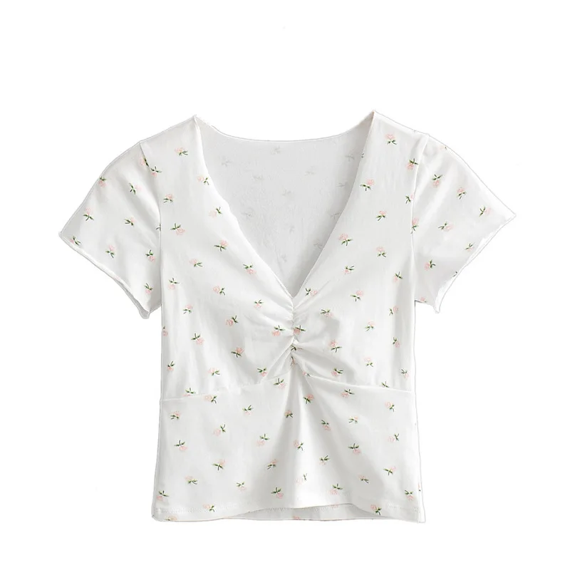 cultivate morality deep v-neck bosom smoke wrinkled white floral short sleeve T-shirt render unlined upper garment | Женская одежда