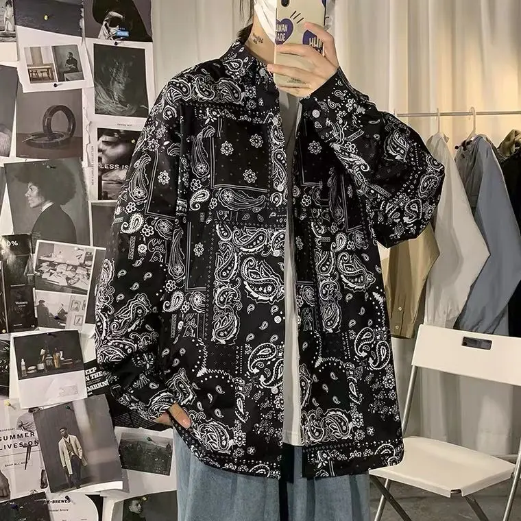

Cashew Flower Shirt Men's Long Sleeve, Hong Kong Style, Japanese Trend, Loose Inside, with New Large Casual Base Coat