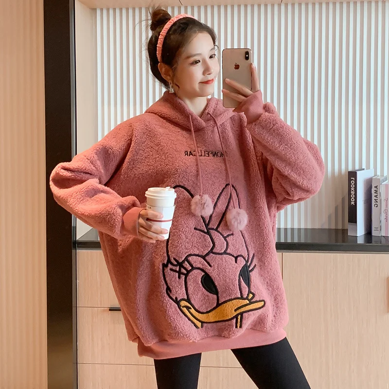 Зимние теплые толстовки с капюшоном Disney женская одежда вышивкой Дональд Дак и