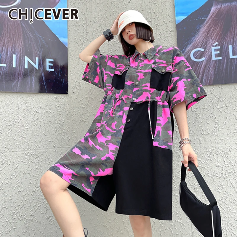 

CHICEVER Print Patchwork Jumpsuit For Women Lapel Collar Short Sleeve Hit Color Bandage Designer Jumpsuits Female Summer Clothes