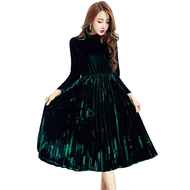 Plus Size 4XL Turtleneck Gold Velvet Dress Women Long Sleeve Autumn Winter Pleated Elegant Ladies Party Dresses C5843 | Женская одежда