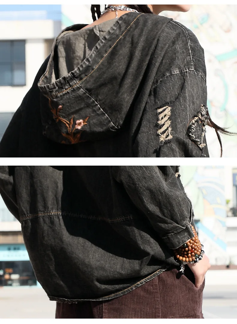 

Vefadisa Black Blue Floral Embroidery Denim Sweatshirt Women 2021 Spring Hooded Pullover Coat Hole Denim Sweatshirt QYF5006