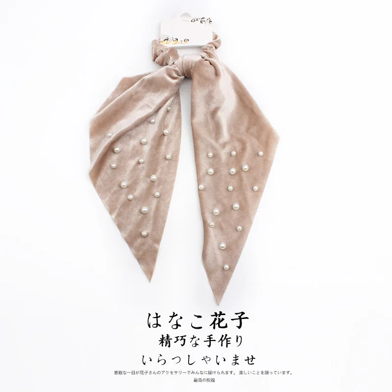 Elegant Velvet Ribbon Scrunchies Pearl Hair Ring Woman Hair Accessories Streamer Hair Ring Ladies Hair Ties Girls Rubber Band