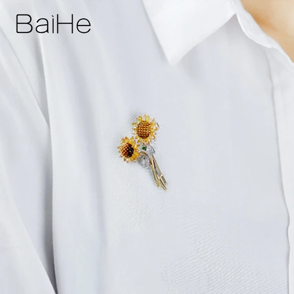 BAIHE Solid 14K белый+ желтое золото натуральные бриллианты+ тигровый глаз+ цаворит+ желтый Sapphirs прекрасный ювелирный подарок кулон/брошь